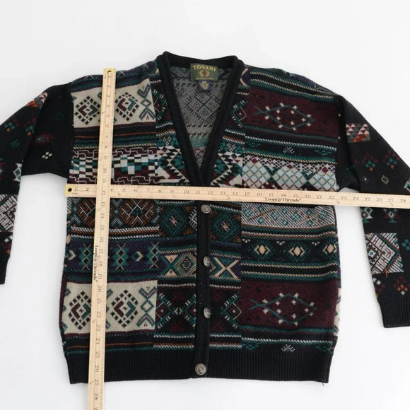 VTG  Tosani Black Purple Teal Geometric Shapes made in Canada Button Up Cardigan - Picture 4 of 13